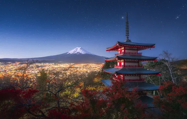 Деревья, город, гора, Япония, Фудзи, пагода, Japan, Mount Fuji