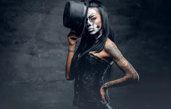 Картинка woman, tattoos, makeup, hatter, day of the dead
