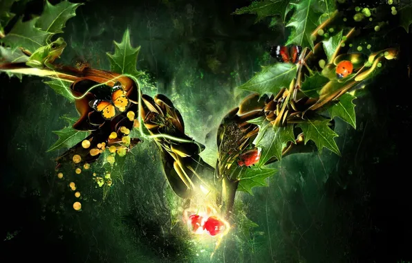 Картинка бабочки, вишня, коллаж, Листья