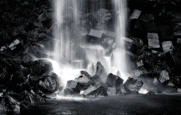 Картинка камни, водопад, черно-белое, black and white