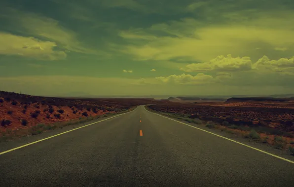 Картинка дорога, небо, пустыня, поворот, колючки