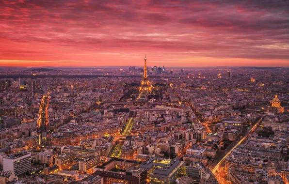 Картинка свет, город, огни, Франция, Париж, башня, дома, вечер