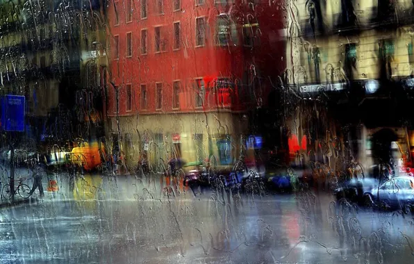 Стекло, город, дождь, улица
