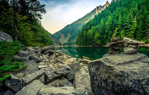 Картинка лес, деревья, горы, озеро, камни, скалы, Канада, Chilliwack Provincial Park