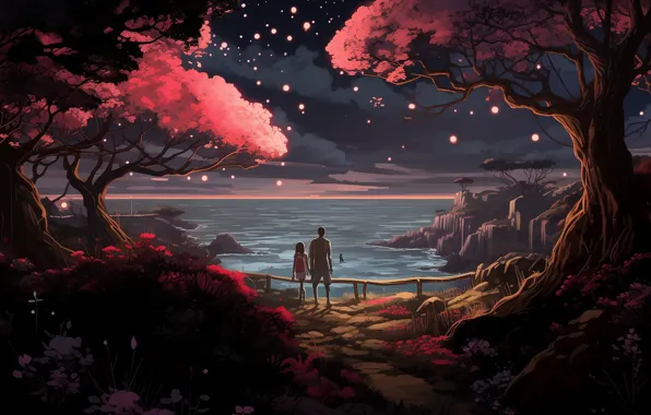 Trees, landscape, night, flowers, people, japanese art, warm tones