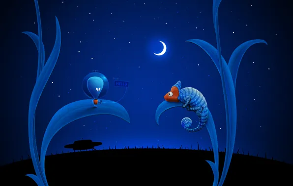 Картинка хамелеон, луна, НЛО, Синий, инопланетянин