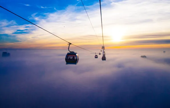 Облака, туман, Англия, Лондон, канатная дорога, The Emirates Air Line