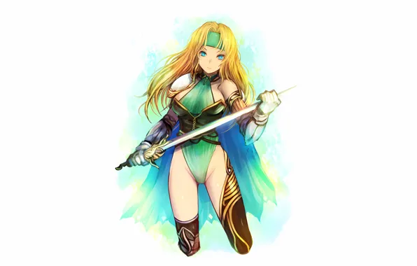 Girl, sword, sexy, Final Fantasy, cleavage, thighhighs, green eyes, long hair