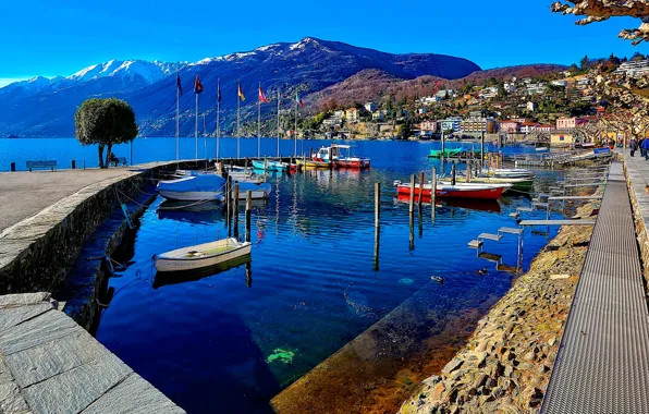 Картинка небо, пейзаж, горы, озеро, лодка, дома, яхта, Швейцария