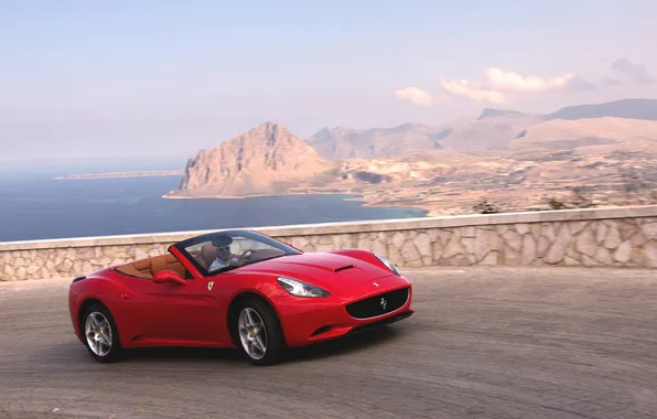 Красный, Авто, Машина, Кабриолет, Поворот, День, Ferrari, Автомобиль
