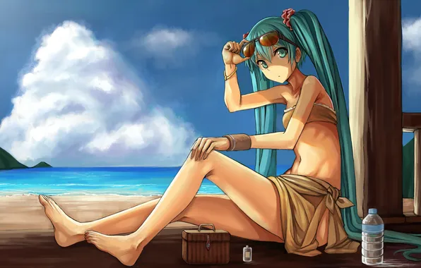 Море, пляж, вода, девушка, облака, бутылка, очки, vocaloid