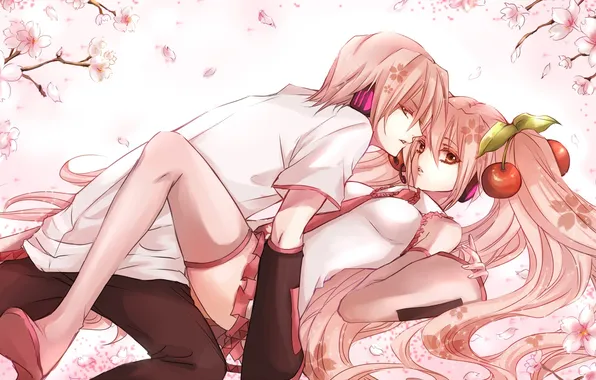 Вишня, сакура, vocaloid, двое, вокалоид, розовые волосы
