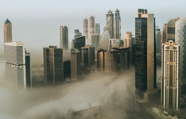 Город, туман, стройка, здания, утро, Dubai