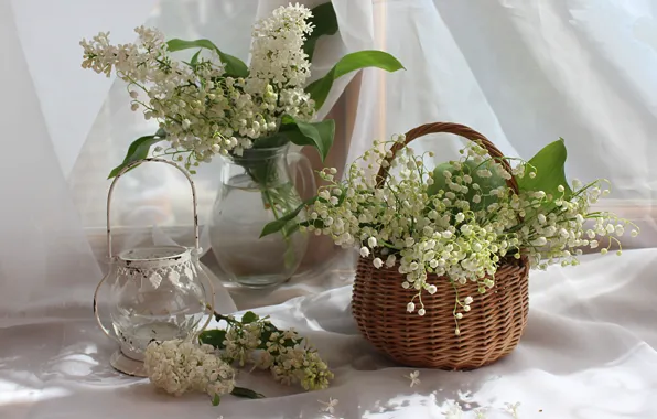 Картинка цветы, ландыши, сирень, композиция