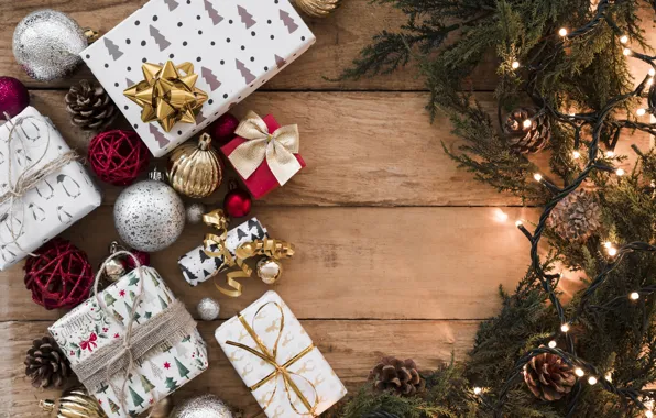 Картинка украшения, Новый Год, Рождество, подарки, гирлянда, Christmas, wood, New Year