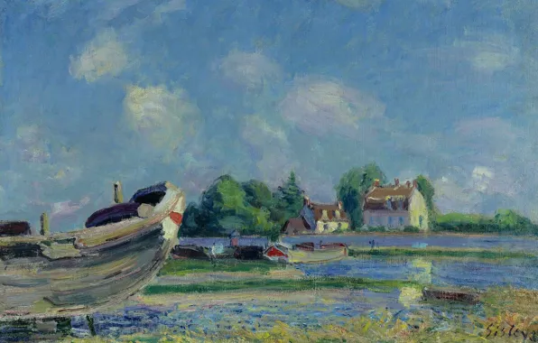 Пейзаж, картина, Alfred Sisley, Альфред Сислей, Лодки на Ремонте в Сен-Мамес