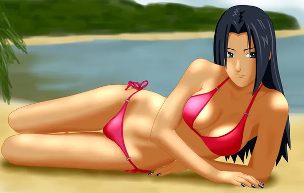 Пляж, купальник, девушка, арт, Naruto, лежа, Mikoto Uchiha