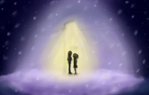 Картинка зима, девушка, свет, рисунок, фонарь, парень, снегопад, хлопья