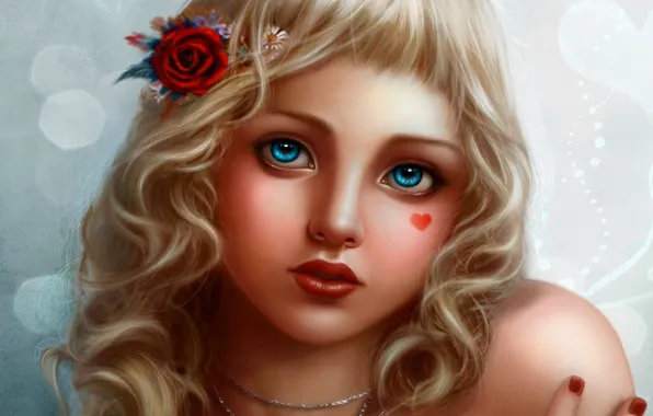 Картинка взгляд, украшения, ребенок, блондинка, голубые глаза, сердечко, розочка в волосах, Bubbly Face