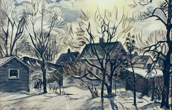 1947, Charles Ephraim Burchfield, Winter Sun and Backyards