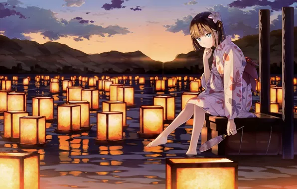 Девушка, Озеро, Фонарики, kantoku, kurumi
