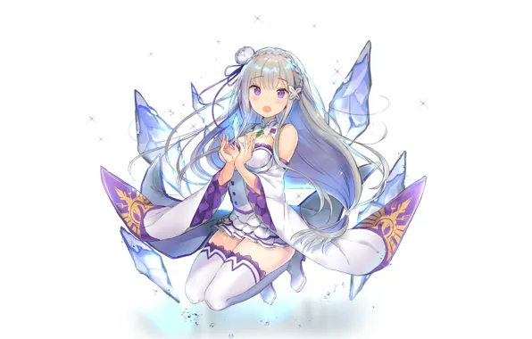 Белый фон, кристаллы льда, сидит на коленях, Re: Zero Kara Hajimeru Isekai Seikatsu, длинные белые …