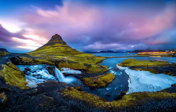 Картинка облака, водопад, Сумерки, Исландия, Waterfall, очарование, Iceland, Twilight