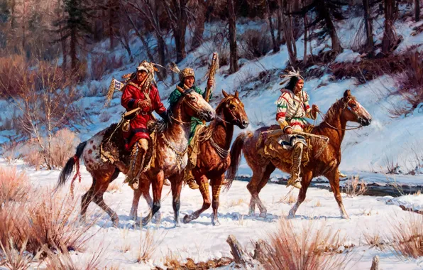 Картинка зима, лес, пейзаж, ручей, лошадь, картина, индейцы, дозор