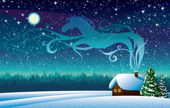 Картинка небо, звезды, снег, деревья, дым, Зима, Луна, домик