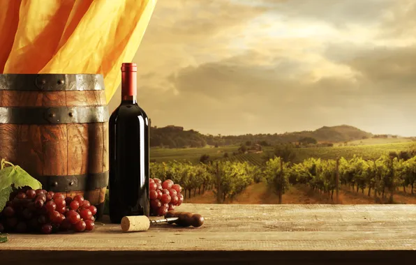 Картинка вино, красное, бутылка, виноград, виноградник, занавеска, штопор, бочонок