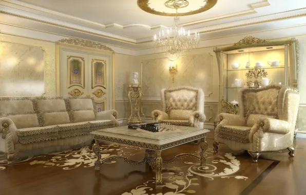 Комната, диван, мебель, интерьер, кресла, люстра