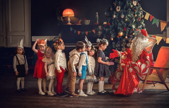 Картинка дети, праздник, девочки, новый год, подарки, ёлка, дед мороз, маски