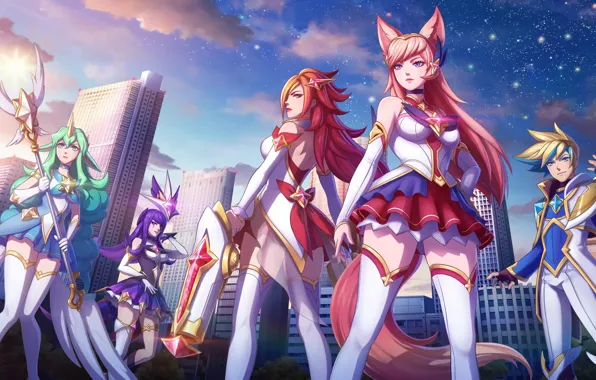 Город, Чулки, Арт, League of Legends, LoL, Ahri, Artwork, Сорака