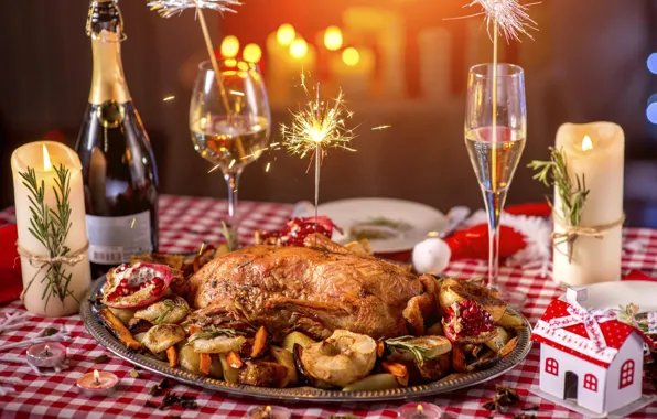Свечи, бокалы, Новый год, шампанское, Christmas, утка, candles, Holidays