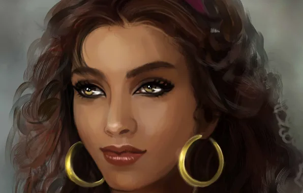Картинка взгляд, лицо, волосы, серьги, арт, персонаж, Эсмеральда, Esmeralda
