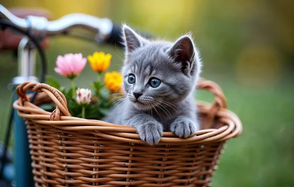 Кошка, взгляд, цветы, велосипед, поза, котенок, серый, лапки