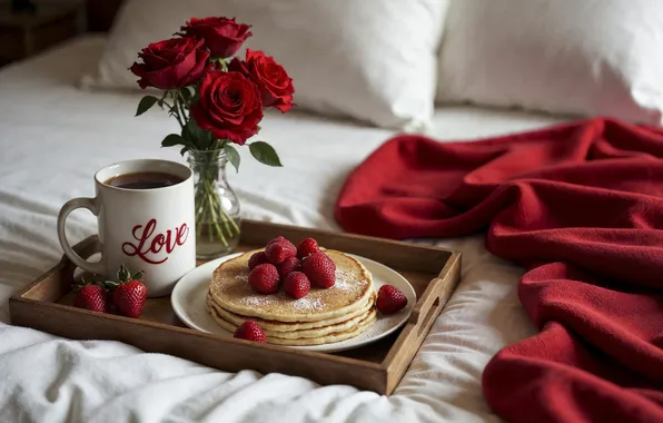 Картинка любовь, цветы, романтика, сердце, розы, завтрак, love, happy