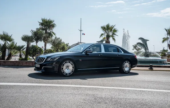 Дорога, car, машина, небо, пальмы, Mercedes-Benz, Мерседес, фонтан