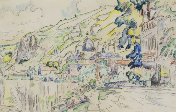 Рисунок, акварель, 1923, Поль Синьяк, Лез-Андели, Paul Signac