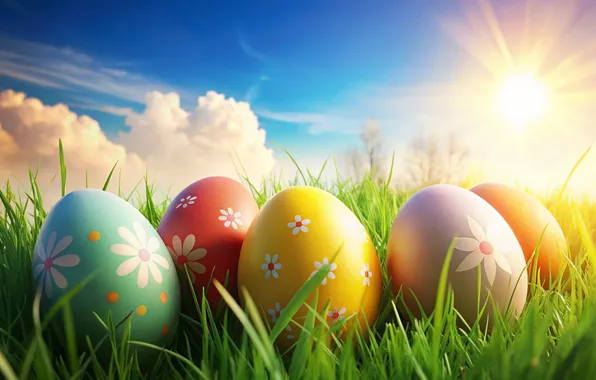 Цветы, яйца, весна, colorful, Пасха, happy, flowers, spring
