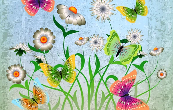 Картинка бабочки, цветы, abstract, design, flowers, grunge, butterflies