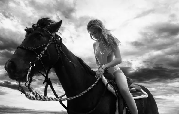 Girl, model, hair, horse, blonde, black&amp;white, Carmella Rose