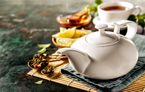 Картинка лимон, чай, чайник, напиток