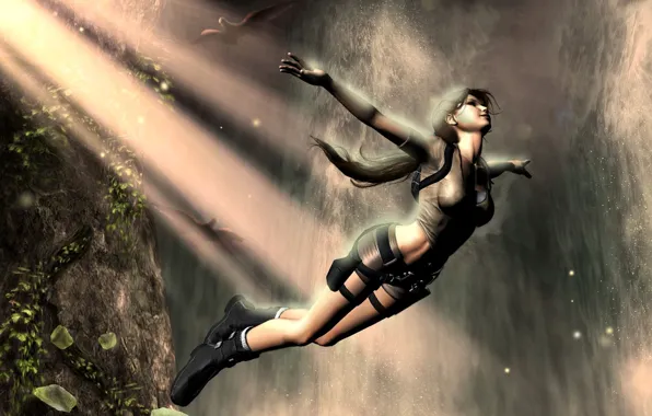 Девушка, птицы, скала, фантастика, прыжок, водопад, Tomb Raider, Лара Крофт