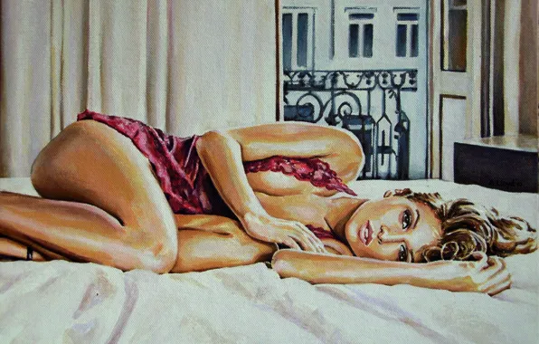 Взгляд, девушка, лицо, кровать, макияж, окно, губы, живопись