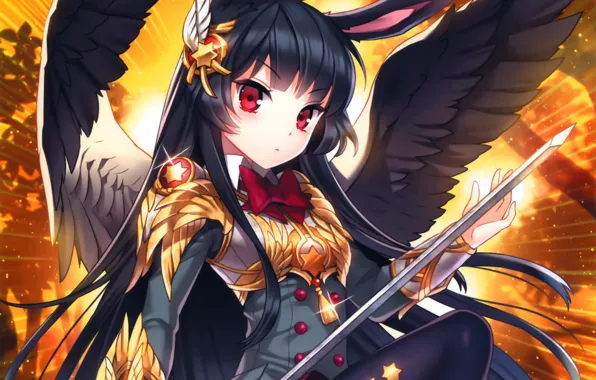 Картинка девушка, оружие, крылья, меч, арт, ушки, nardack, kaku-san-sei million arthur