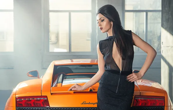 Lamborghini, Girl, Orange, Gallardo, Sexy, Boobs, Model, Supercar