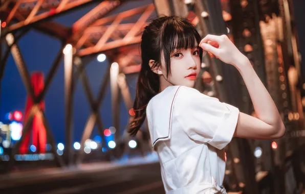 Beautiful, Asian, Model, Bridge, Lights, Night, Woman, Road