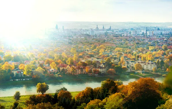 Картинка осень, солнце, свет, деревья, город, река, дома, Германия