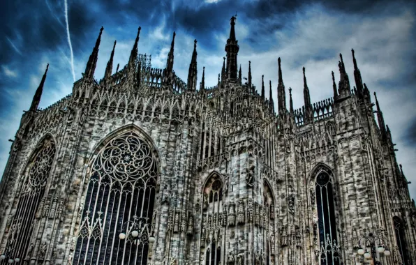 Небо, облака, готика, hdr, собор, архитектура, Italia, Milano
